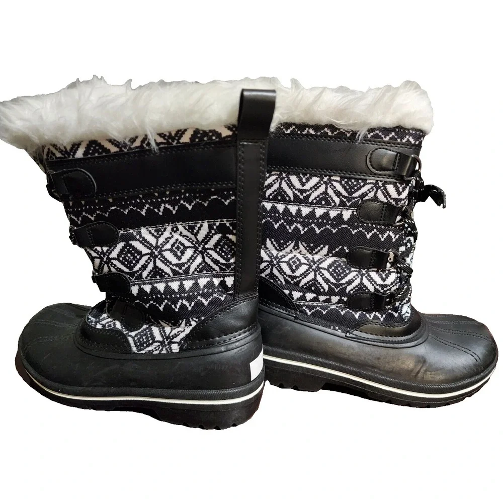 NEW Girls Wonder Nation Black White Aztec Faux Fur Trim Lace Winter Boots size 4